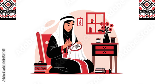 Illustration of a young woman from the Middle East embroidering in a cozy home setting