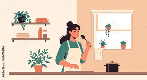 Illustration of a young woman in a kitchen, cooking, and smelling the aroma of her meal