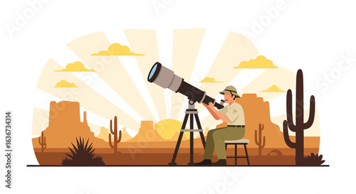 Illustration of an astronomer observing the desert sky through a large telescope