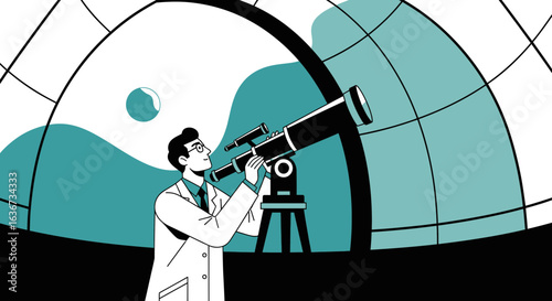 Illustration of an astronomer observing celestial bodies with a telescope inside a dome observatory