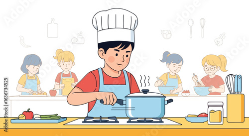 Illustration of children learning to cook with a chef, focusing on kitchen activities