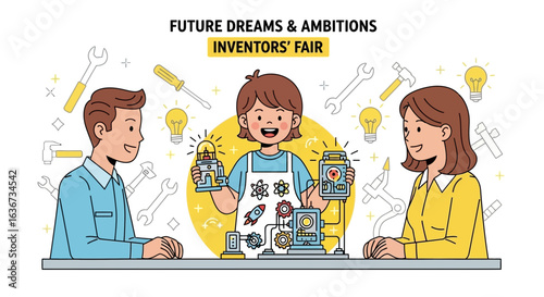 Illustration of Children Presenting Their Inventions at the Inventors' Fair Showcasing Future Dreams and Ambitions