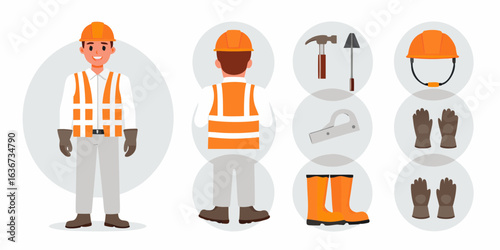 Construction worker safety gear and tools illustration