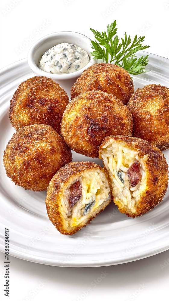 An artistic food drawing of seven Arancini fried rice balls with bacon and melted cheese. An artistic food drawing of seven Arancini fried rice balls with bacon and melted cheese.