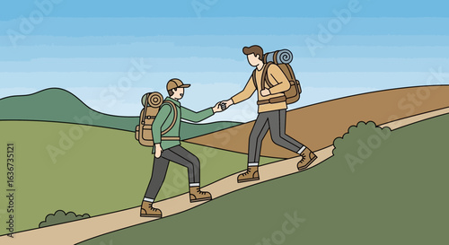 Illustration of two hikers assisting each other on a challenging mountain trail journey together