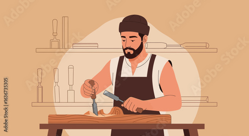 Illustration showcasing a skilled woodcarver meticulously crafting wood with tools in his workshop demonstrating craftsmanship and expertise