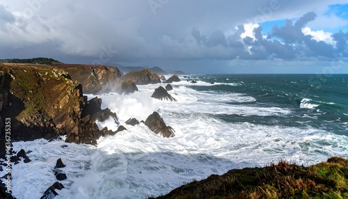 Panoramic shot of a rugged coastline with waves crashing against rocks under dramatic clouds. Perfect for adventure branding, coastal tourism, and environmental campaigns.