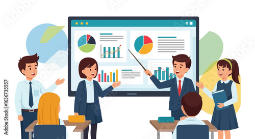 Illustrative business presentation with data graphs, engaging team collaboration and insightful analysis displayed on screen