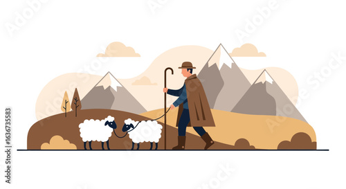 Illustrated scene of a shepherd guiding sheep in a mountainous landscape illustration