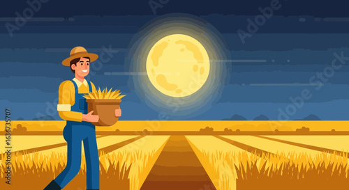 Illustration depicting a farmer in a wheat field under the moonlight at night in vector format