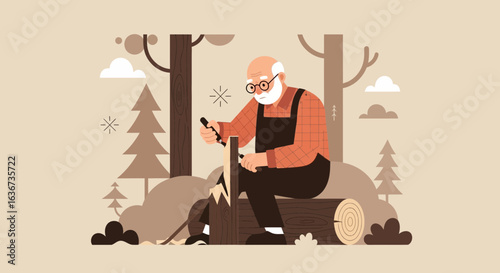 Illustrative depiction of a senior man woodcarving in a serene forest setting with muted tones and simplistic design