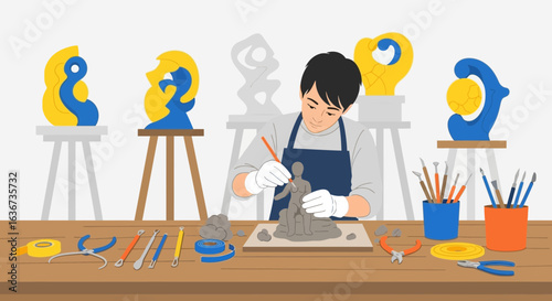 Illustrative depiction of a sculptor at work creating clay figurines in a studio environment
