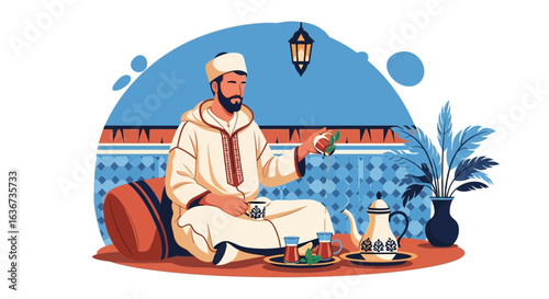 Illustration depicting a man in traditional clothing enjoying Moroccan mint tea