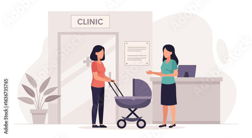 Illustration depicting a mother with stroller visiting a clinic for pediatric consultation