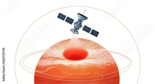 Illustration depicting a satellite orbiting a planet, conducting research and analysis from space observing phenomena