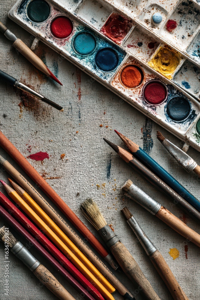 Naklejka premium A flat lay of watercolor paints, brushes, and colored pencils on a canvas