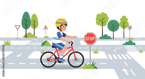 Illustration depicting child cyclist observing traffic rules and safety signs on road