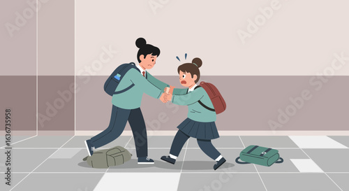 Illustration depicting school bullying and peer conflict among students in a corridor conveying the seriousness of social issues