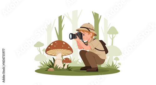 Illustrative nature photographer capturing mushrooms in serene forest setting with trees