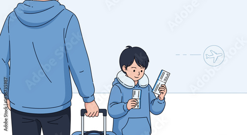 Illustration depicting father and son at the airport, ready for family vacation adventure