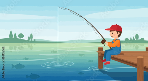 Illustration of a Boy Fishing on a Dock with a Fishing Rod under a Sunny Sky