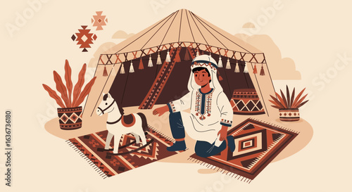 Illustration of a boy in traditional arab clothing playing with a rocking horse near a tent