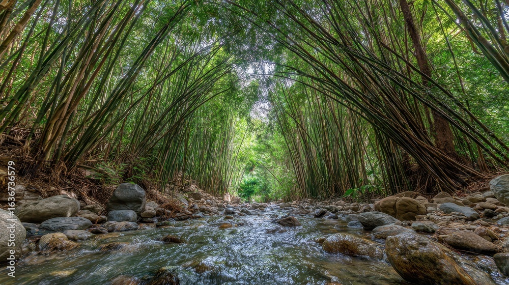 Lush Bamboo Forest with Stream Flowing Through a Natural Pathway Lush Bamboo Forest with Stream Flowing Through a Natural Pathway
