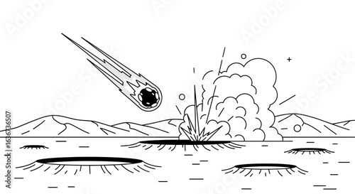Incoming Meteor Impact on Barren Planet Landscape Illustration in Black And White