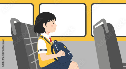 Illustration of a cheerful schoolgirl traveling by bus on her way to school or back home
