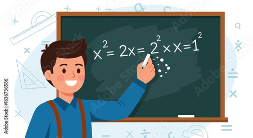 Illustration of a cheerful math teacher explaining an equation on a chalkboard  in a classroom setting