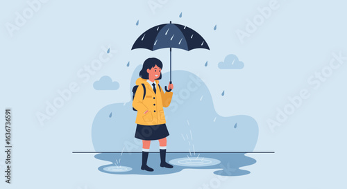 Illustration of a cheerful student girl in the rain with umbrella and raincoat ready to school wearing uniform in light blue background