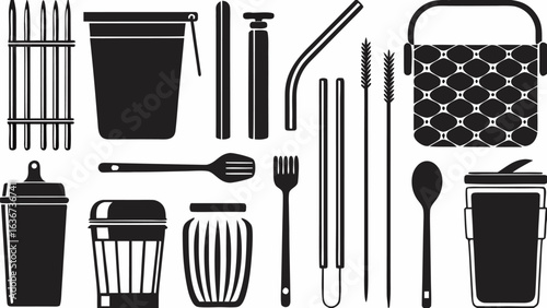 Illustration showing a collection of kitchen and household items including utensils containers and cleaning tools silhouette