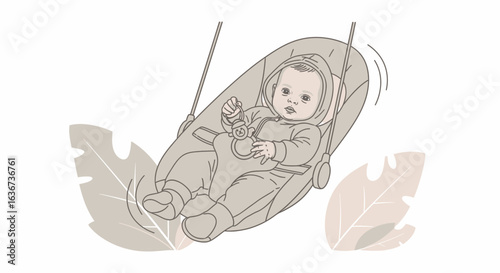 Infant In Bouncer Chair With Peaceful Expression And Surrounded By Foliage