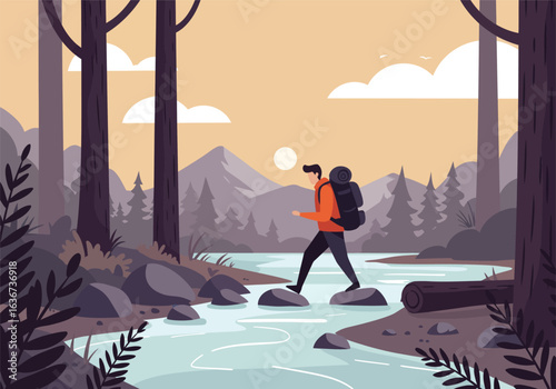 An illustration of a solo traveler with a large backpack on a challenging hiking adventure, crossing a river in a serene mountain forest landscape.