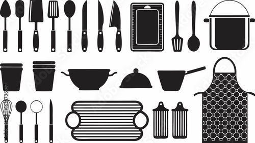 Illustration of various kitchen utensils and cookware including knives spoons and a cutting board set up neatly silhouette