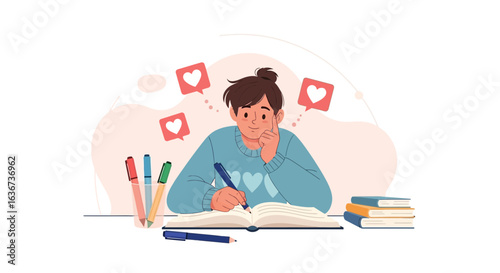 Inspired Woman Content Creator Generating Online Engagement with Book Illustration