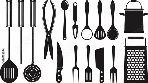 Illustration of various kitchen utensils including spatulas tongs spoons knives forks and a grater in black and white silhouette