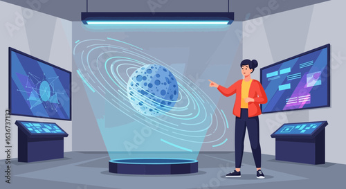 Interactive Planet Exhibit With A Hologram Display In A Modern Museum