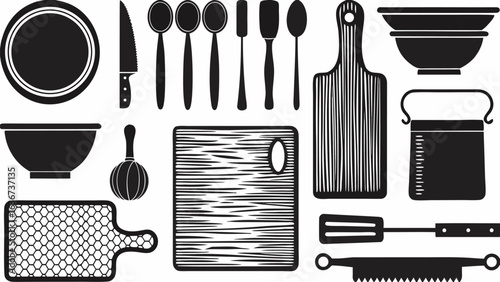 Illustration of kitchenware including cutting boards, bowls, spoons, and a knife in black and white style silhouette