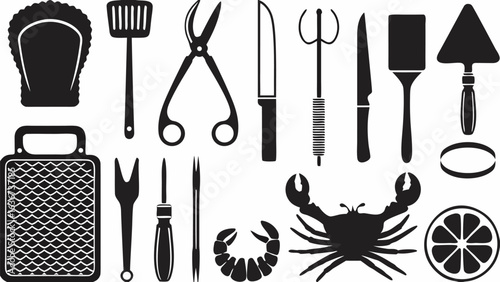 Illustration of assorted cooking and grilling tools with seafood and citrus fruit elements displayed silhouette