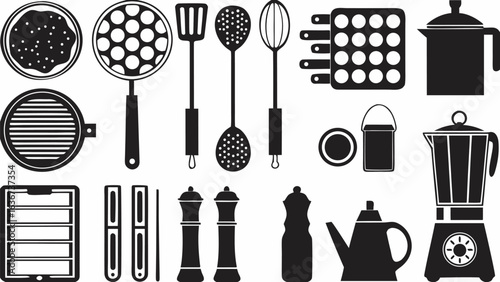 Illustration showing a collection of kitchen utensils including pots pans and cooking tools in black and white silhouette