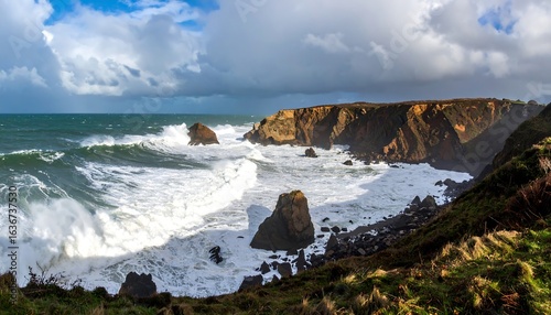 Panoramic shot of a rugged coastline with waves crashing against rocks under dramatic clouds. Perfect for adventure branding, coastal tourism, and environmental campaigns.