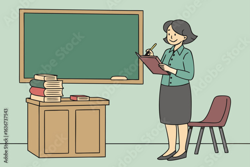Cartoon Teacher with Book Standing by Chalkboard and Desk Filled Classroom Scene Creating a School Learning Environment