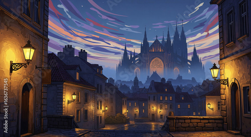 Fototapeta Naklejka Na Ścianę i Meble -  Digital illustration of a medieval European city street with a grand cathedral in the background at twilight, in a fantasy style