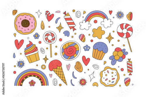 Sweet Delightful Doodle: A delightful assortment of sweets, candies and treats arranged in a whimsical illustration style. These delectable snacks are sure to satisfy your craving