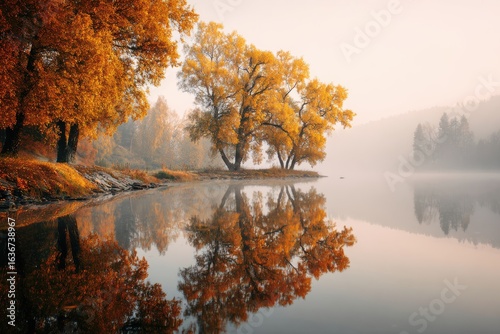 Wallpaper Mural Serene lake reflecting autumn trees with golden leaves and misty atmosphere. Torontodigital.ca