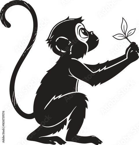 Cute cartoon monkey hanging from a leafy branch in a jungle setting,Stylized silhouette of a dark blue gibbon swinging and leaping