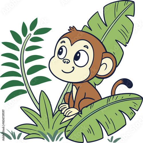 Cute cartoon monkey hanging from a leafy branch in a jungle setting,Stylized silhouette of a dark blue gibbon swinging and leaping