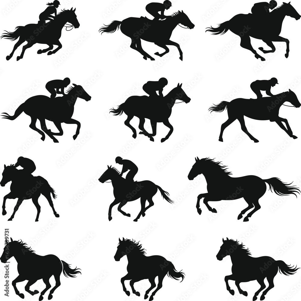 Naklejka premium Horse Racing Silhouettes, Horse race SVG, Horses Racing Equestrian Sport and Horseback Riding Black and white vector illustration
