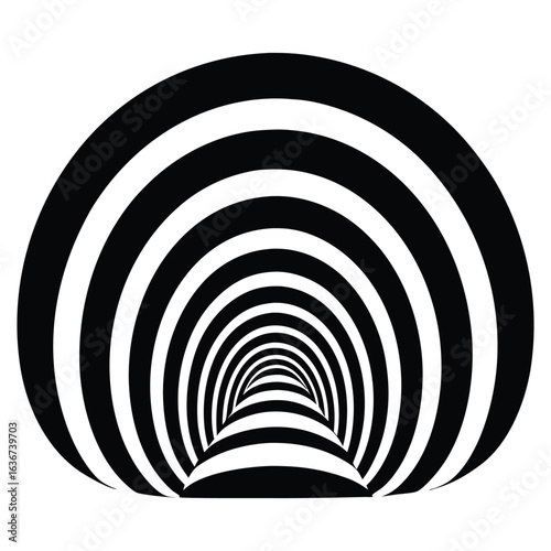 Wavy Tunnel Effect with Concentric Shrinking Ovals, Black and White Vector Design